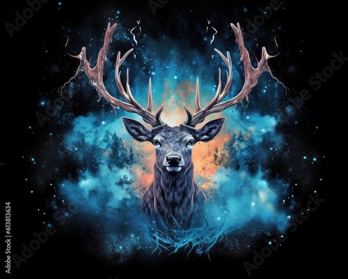 art deer in space . dreamlike background with deer . Hand Drawn Style illustration © PinkiePie