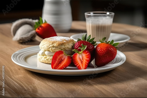 Plate With Scone And Strawberries On It. Generative AI