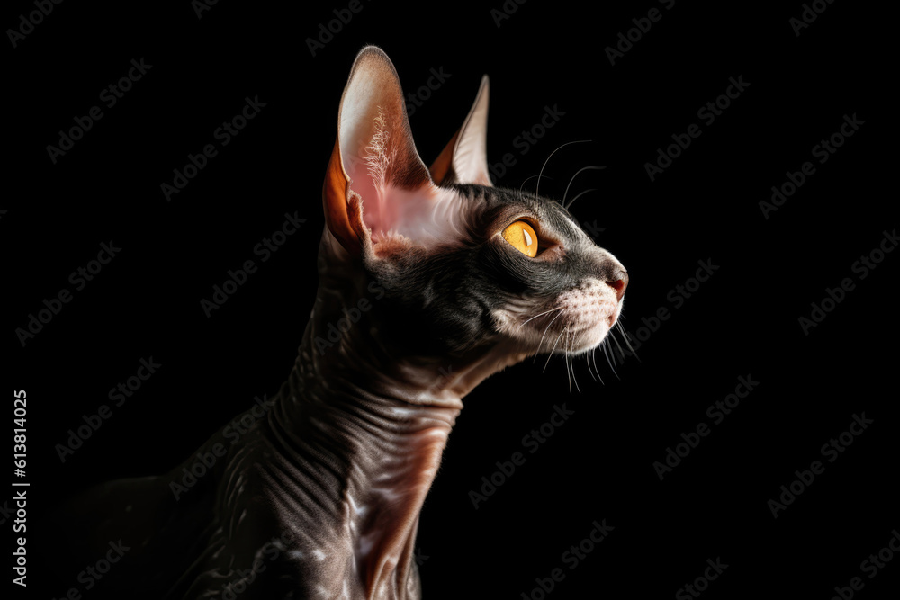 Portrait Of Cat Cornish Rex In Profile On Black Matte Background. Empty Space. Generative AI Portrait Of Cat Cornish Rex In Profile On Black Matte Background. Empty Space. Generative AI