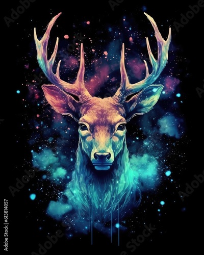 art deer in space . dreamlike background with deer . Hand Drawn Style illustration 