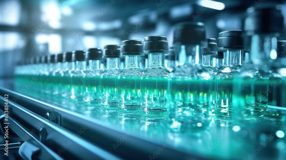 Pharmaceutical manufacture background with glass bottles on automatic conveyor line created with generative AI technology