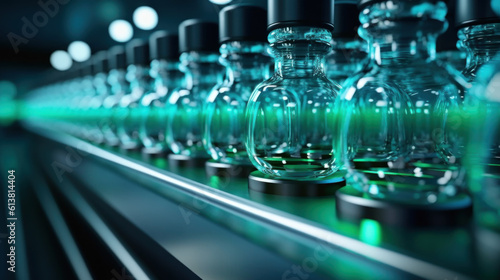 Pharmaceutical manufacture background with glass bottles on automatic conveyor line created with generative AI technology