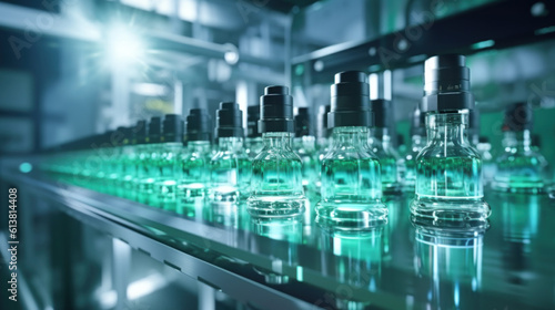 Pharmaceutical manufacture background with glass bottles on automatic conveyor line created with generative AI technology