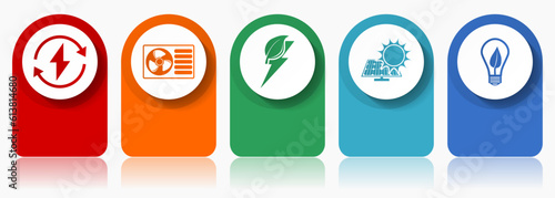 Renewable energy icon set, miscellaneous vector icons such as heat pump, green power and solar energy, modern design infographic template, web buttons in 5 color options
