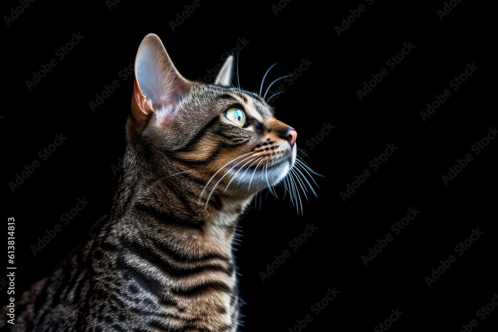 Portrait Of Cat Ocicat In Profile On Black Matte Background. Generative AI