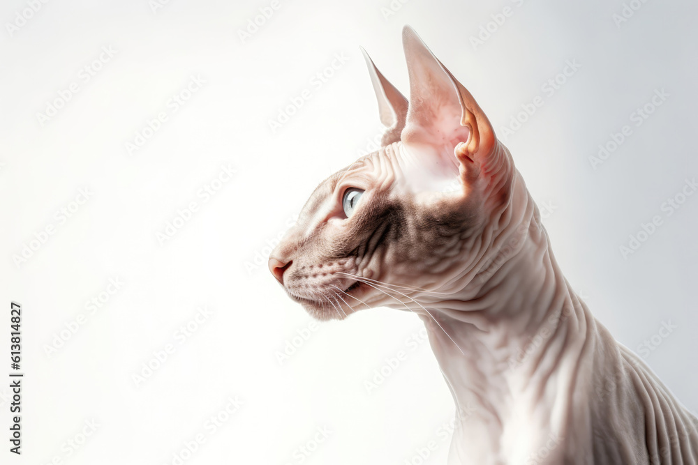 Portrait Of Cat Peterbald In Profile On White Background. Empty Space. Generative AI