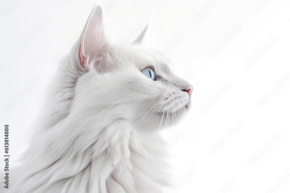 Portrait Of Cat Turkish Angora In Profile On White Background. Generative AI