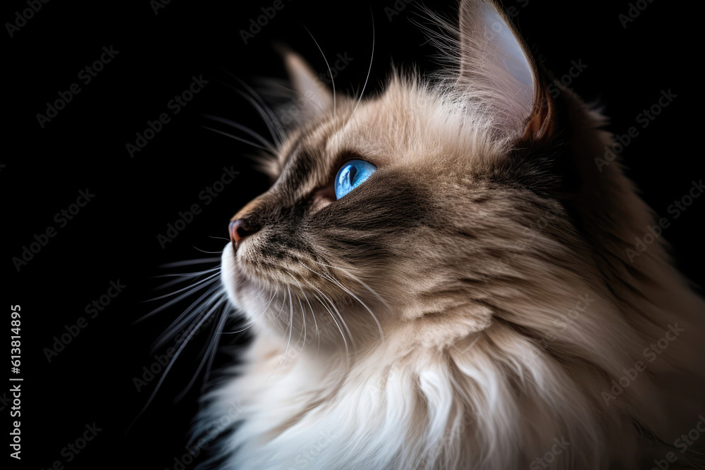 Portrait Of Cat Ragdoll In Profile On Black Matte Background. Generative AI Portrait Of Cat Ragdoll In Profile On Black Matte Background. Generative AI