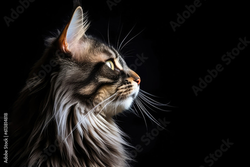 Portrait Of Cat Norwegian Forest Cat In Profile On Black Matte Background. Empty Space. Generative AI photo