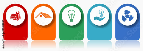Renewable energy icon set, miscellaneous vector icons such as solar panel, house, light bulb and heater, modern design infographic template, web buttons in 5 color options