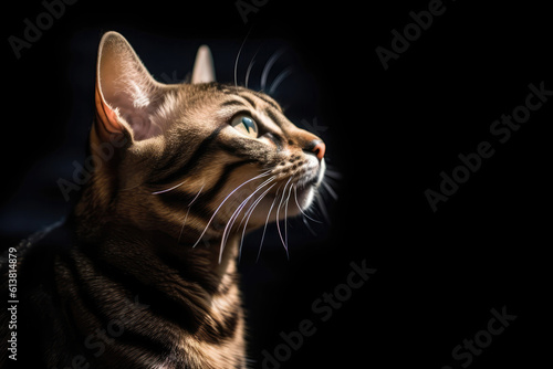 Portrait Of Cat Savannah In Profile On Black Matte Background. Generative AI