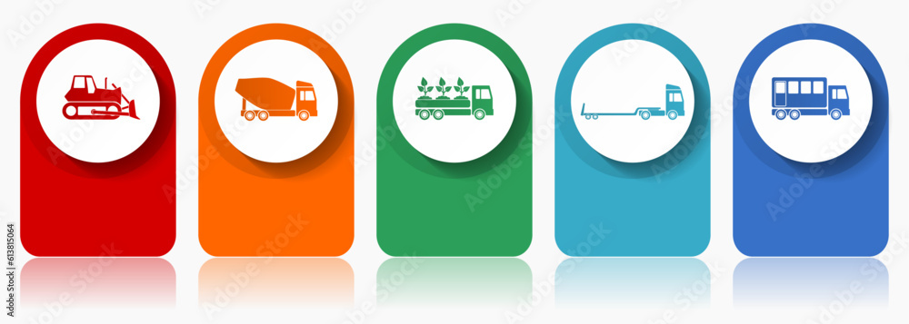 Transport icon set, miscellaneous vector icons such as bulldozer, concrete mixer, truck and delivery, modern design infographic template, web buttons in 5 color options Transport icon set, miscellaneous vector icons such as bulldozer, concrete mixer, truck and delivery, modern design infographic template, web buttons in 5 color options