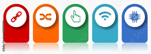 Web and internet icon set, miscellaneous vector icons such as chain, arrows, finger, signal and chip, modern design infographic template, web buttons in 5 color options
