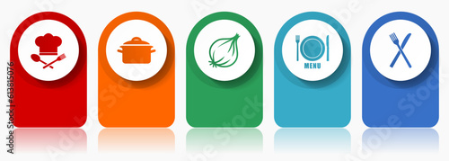 Food icon set, miscellaneous vector icons such as chef hat, pot, onion, menu and cutlery, modern design infographic template, web buttons in 5 color options