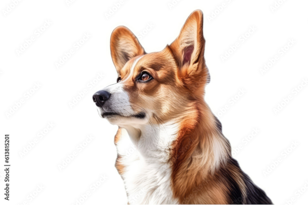 Portrait Of Dog Corgi In Profile On White Background. Generative AI