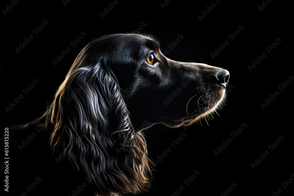 Portrait Of Dog Cocker Spaniel In Profile On Black Matte Background. Generative AI Portrait Of Dog Cocker Spaniel In Profile On Black Matte Background. Generative AI