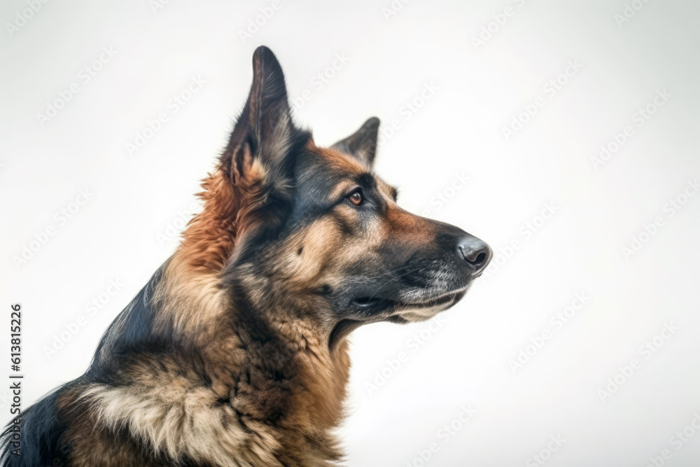 Portrait Of Dog German Shepherd In Profile On White Background. Generative AI