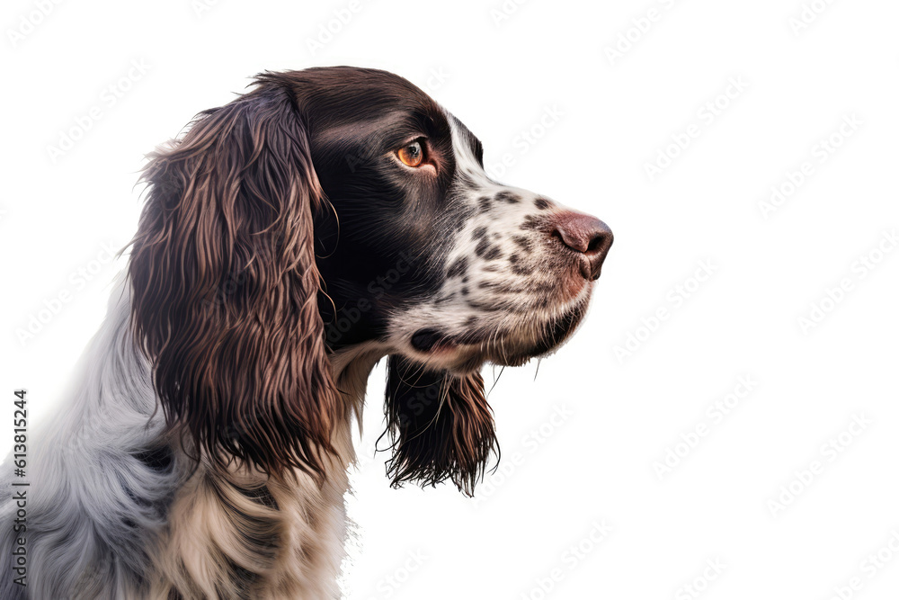 Portrait Of Dog English Springer Spaniel In Profile On White Background. Generative AI