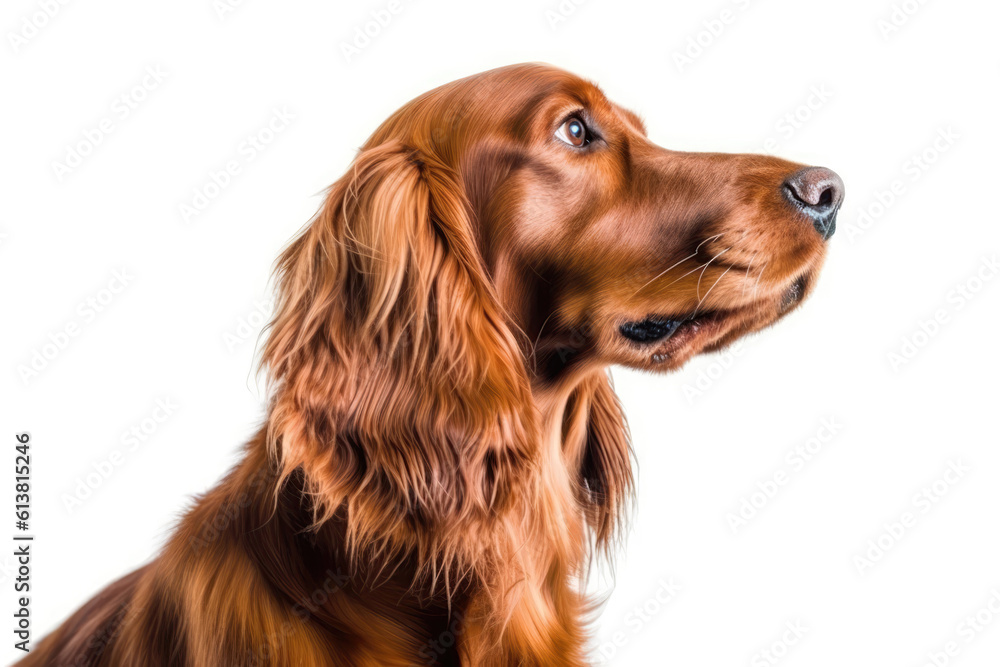Portrait Of Dog Irish Setter In Profile On White Background. Generative AI
