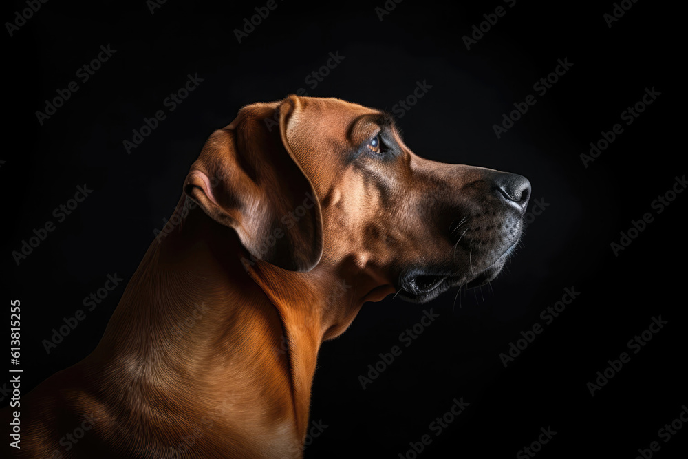 Portrait Of Dog Rhodesian Ridgeback In Profile On Black Matte Background. Generative AI Portrait Of Dog Rhodesian Ridgeback In Profile On Black Matte Background. Generative AI