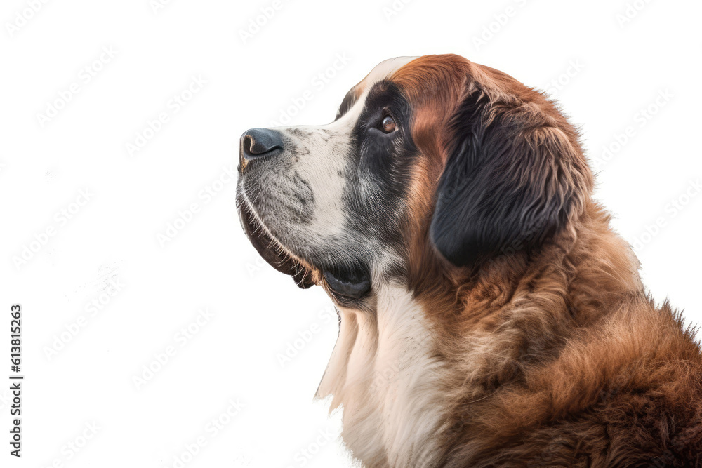 Portrait Of Dog Saint Bernard In Profile On White Background. Empty Space. Generative AI