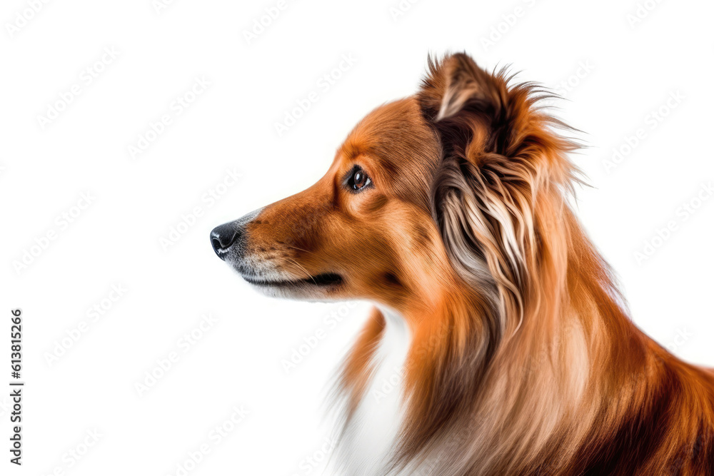 Portrait Of Dog Shetland Sheepdog In Profile On White Background. Generative AI