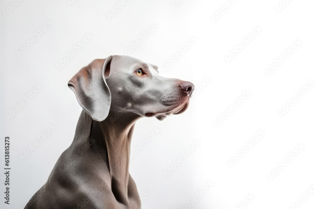 Portrait Of Dog Weimaraner In Profile On White Background. Empty Space. Generative AI