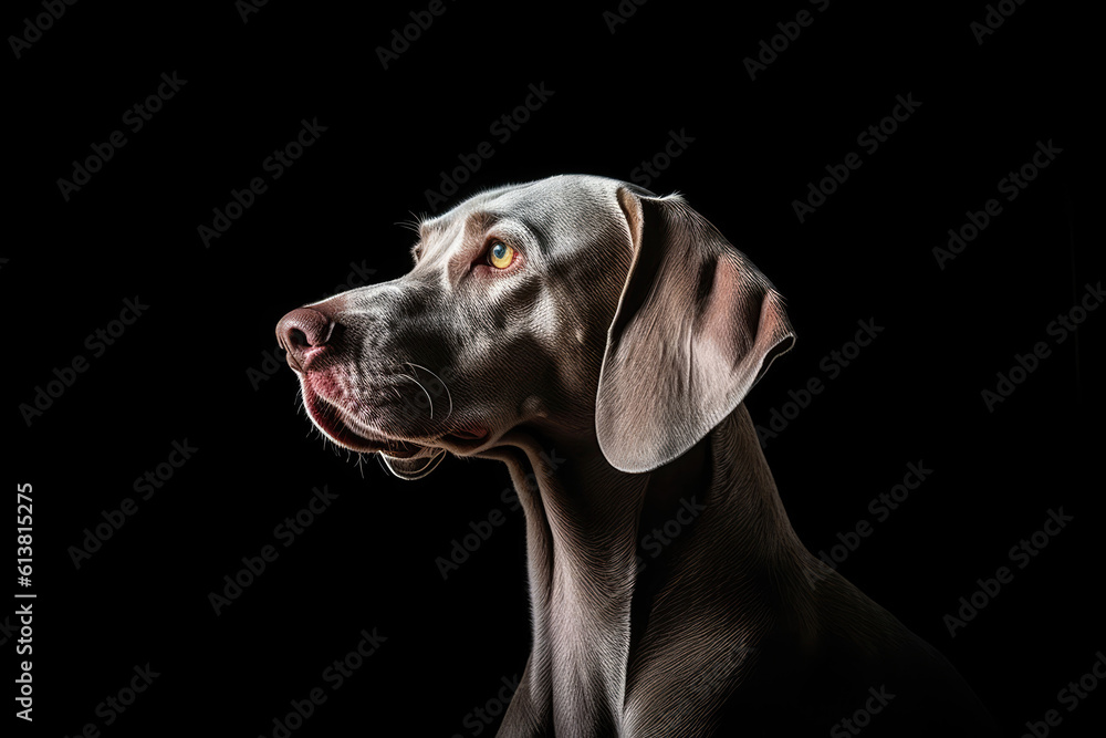 Portrait Of Dog Weimaraner In Profile On Black Matte Background. Generative AI Portrait Of Dog Weimaraner In Profile On Black Matte Background. Generative AI