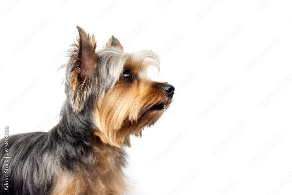 Portrait Of Dog Yorkshire Terrier In Profile On White Background. Empty Space. Generative AI Portrait Of Dog Yorkshire Terrier In Profile On White Background. Empty Space. Generative AI