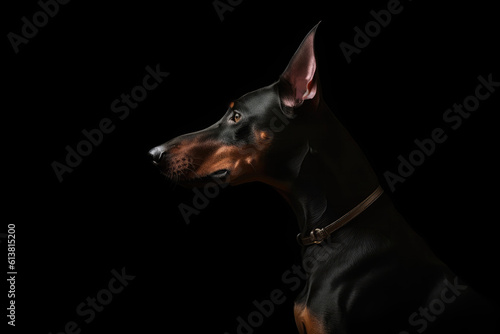 Portrait Of Dog Doberman Pinscher In Profile On Black Matte Background. Generative AI