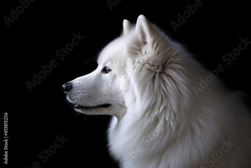 Portrait Of Dog Samoyed In Profile On Black Matte Background. Generative AI