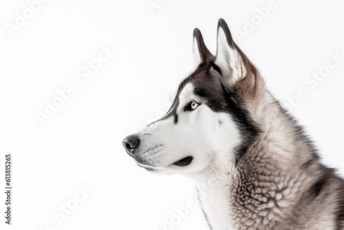 Portrait Of Dog Siberian Husky In Profile On White Background. Empty Space. Generative AI