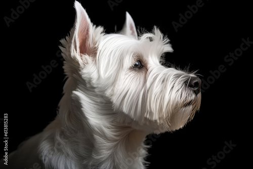 Portrait Of Dog West Highland White Terrier In Profile On Black Matte Background. Generative AI © Anastasiia