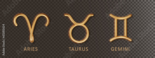Zodiac gold signs Aries, Taurus, Gemini, with shadow isolated on transparent background. Luxury 3d realistic signs for astrology horoscope predictions