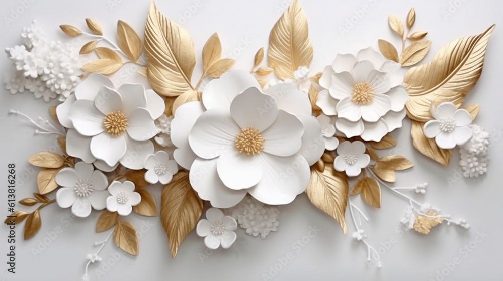 3d mural illustration white amp blue background with red golden jewelry and flowers in black decorat 3d mural illustration white amp blue background with red golden jewelry and flowers in black decorat
