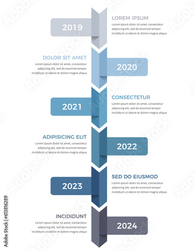 Vertical timeline infographics template with six arrows with place dates and text, vector eps10 illustration