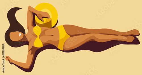 vector image of a beautiful tanned girl in a yellow bikini and with a hat is sunbathing on the beach with her hair scattered on the sand. useful for summer holidays, resorts, hotels, beaches, vacation