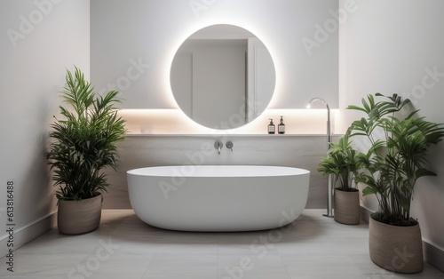 Clean Lined Minimalistic Bathroom with a Single Plant. Generative AI