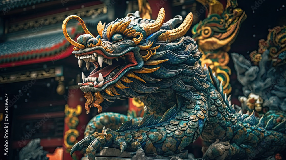 Fototapeta premium A dragon sculpture on the eaves of Chinese temple