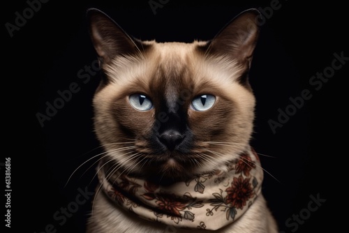 Portrait of Siamese cat while wearing scarf on dark background. Generative AI 