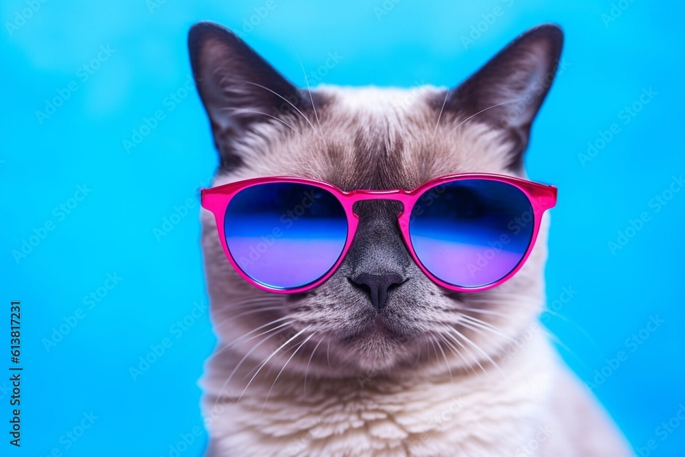 Siamese cat using sunglasses on blue and purple background. Generative AI 