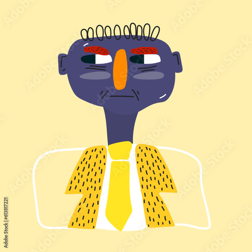Funny vector illustration of a stylized man with a tie and a jacket, with a purple face and a red nose on a plain background. Vector illustration of a drinking office worker