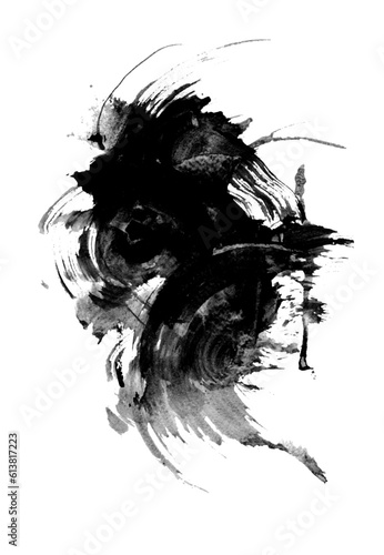 Hand-drawn abstract black and white background. Expressive beautiful picturesque ink stain. Brushstroke. Isolated vector design element on a white background