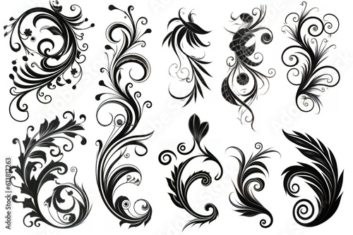 Set of filigree calligraphic shapes design elements in black over white background Generative AI