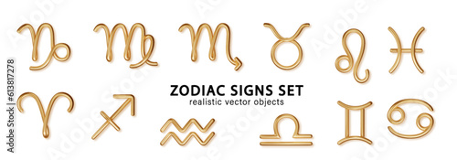 Zodiac gold signs with set with shadow. Luxury realistic 3d signs set for astrology horoscope predictions. Vector, png.