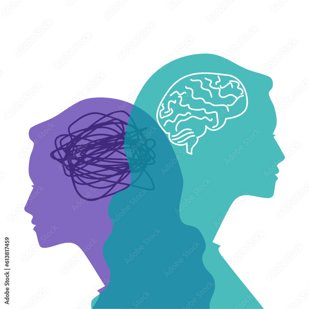 The concept of bipolar mental disorder. Split personality. Mood disorder. Two similar female faces. Psychology. mental health. Tangled capes and mental health. Modern vector isolated on white The concept of bipolar mental disorder. Split personality. Mood disorder. Two similar female faces. Psychology. mental health. Tangled capes and mental health. Modern vector isolated on white