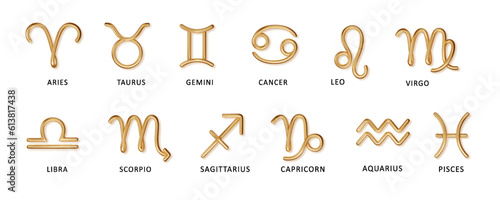 Zodiac gold signs with latin names vector illustrations set. Realistic symbols for astrological calendar, horoscope. Luxury 3d signs set for astrology horoscope predictions. Vector, PNG