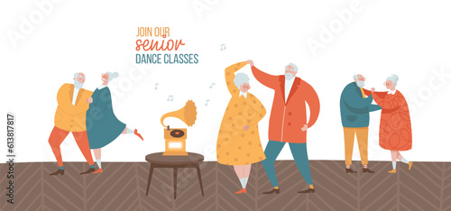 Old couple dancing together. Active elderly dancer group and senior couple having fun in dance class. Retired community music party. Flat hand drawn vector illustration