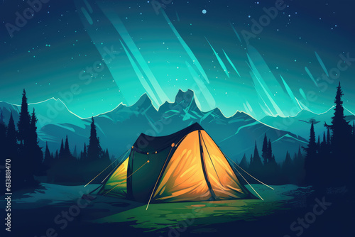 camping adventure tent in forest mountain view aurora borealis polar lights illustration Generative AI