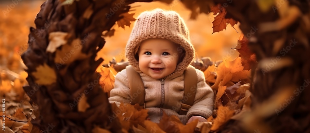 Small child laughing, playing in the park, autumn, generative AI Small child laughing, playing in the park, autumn, generative AI
